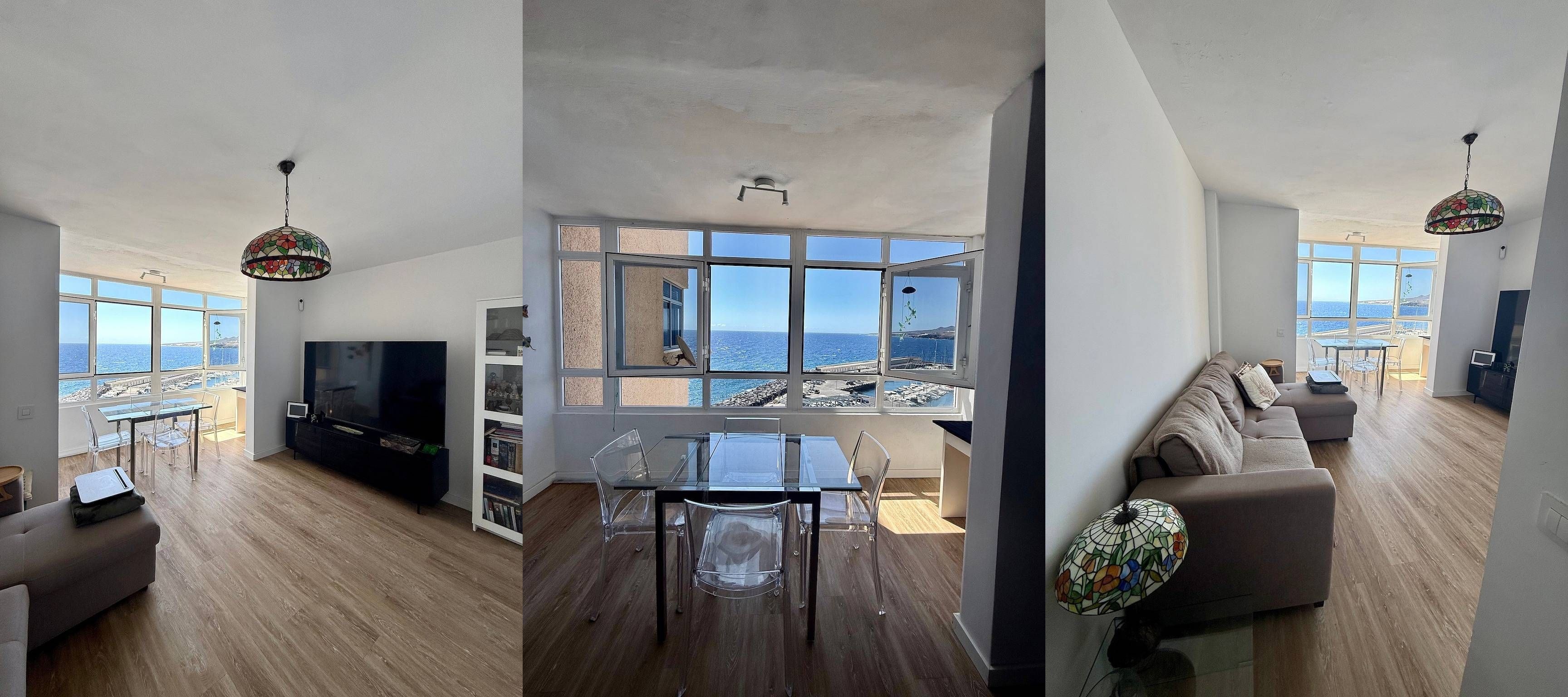Three photos side by side: the living room with the sea behind, the dining table before the wide window and the sofa facing the window